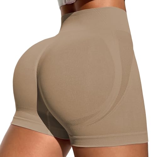 Generisch 2026 - Nahtlose Radlerhose für Damen, hohe Taille, für Workout, Yoga, Fitnessstudio Kurze Hose Mädchen 152 (Khaki, M)