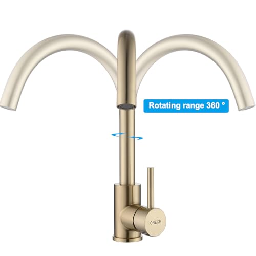 ONECE Gold matt Küchenarmatur mit 360° drehbar Auslauf, Hochdruck Wasserhahn Küche Spültischarmatur aus Edelstahl, Einhebelmischer Küchenwasserhahn mit Abnehmbare Wasserauslassdüse