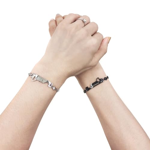 Image of 2 Couple Bracelets for men women, Love /Koi Fish /Gossip Jigsaw Puzzle Stainless Steel Heart-shaped Chain Adjustable Bracelet for Boyfriend Girlfriend Valentine's Day Gift Jewelry