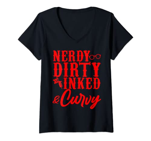 Womens Funny Nerdy Dirty Inked & Curvy Gift Cool Inked Tattoo Lover V-Neck T-Shirt