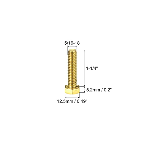 Image of uxcell Brass Hex Bolts, 5 /16-18x1-1 /4 5pcs Fully Thread Grade 4.8 Solid Brass Hexagon Head Bolt Machine Screws for Machinery