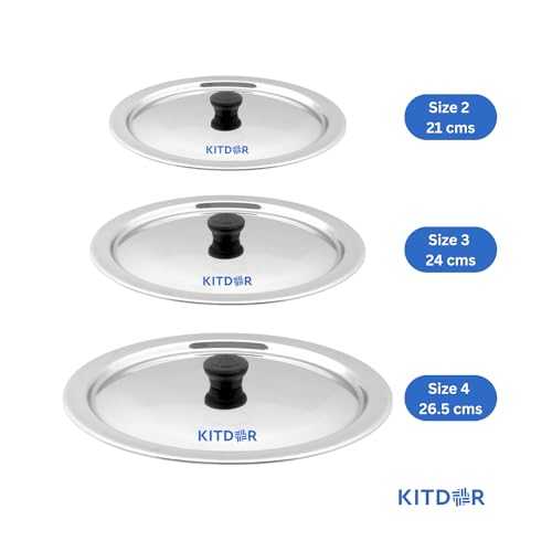 Image of Glossy Steel Lids for Utensils with Knobs | Melt-Free with a Good Gripsteel Lid for Kadai and Other Utensils | Round, Rust Resistant Steel (3 Pcs Set, Medium)