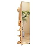 Espejo 2 en 1 de longitud completa con perchero, marco de madera maciza portátil, espejo de suelo con rodillos para dormitorio, sala de estar, pasillo, elegante acabado de madera original