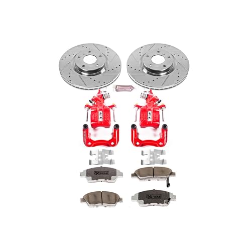 Image of PowerStop Rear Brake & Caliper Kit for Acura TSX 2004-08 | Honda Accord 2003-07 - Drilled & Slotted Disc Rotors + Carbon-Fiber Ceramic Brake Pads + Red-Powder Coated Calipers, KC2391-26