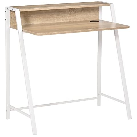 HOMCOM Schreibtisch Computertisch Bürotisch Arbeitstisch mit Ablagefach Kabeldurchlass Metall Weiß+Eiche 84 x 45 x 85 cm Cover