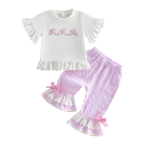 Sprifallbaby Easter Baby Girl Outfit Bunny Short Sleeve Tops Plaid Bell Bottoms Flared Pants Set...