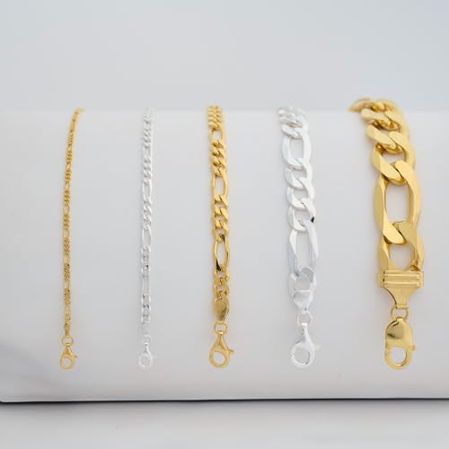 Italian 925 Sterling Silver Figaro Link Chain Bracelet - for Men & Women - 2.2mm, 3.8mm, 5.5mm, 8.9mm, 14.5mm - Available in Sterling Silver or Yellow Gold Plated Sterling Silver - 9 inch or 7.5 inch Lengths3