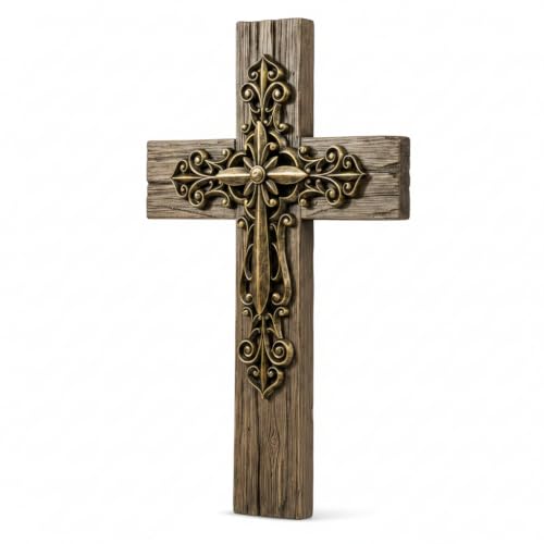 Comfy Hour 13" Decorative Layered Wall Cross, Antique Style Copper Tone Cross on Rustic Wood Look Base, Artisan Crafted Resin Plaque for Home and Office Wall Art