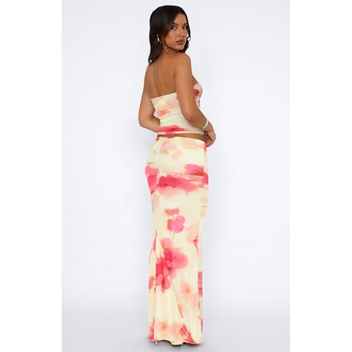 Image of Goafuliy 2 Piece Skirt Sets for Women Summer, Floral Sleeveless Tube Top Bodycon Maxi Skirts Y2k Vacation Going Out Outfits