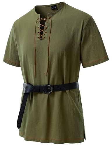 JEMITOP Men's Renaissance Costume Retro Short Sleeves Lace Up Shirts Tunic for Pirate Viking Medieval Halloween Cosplay Without Belt Army Green L