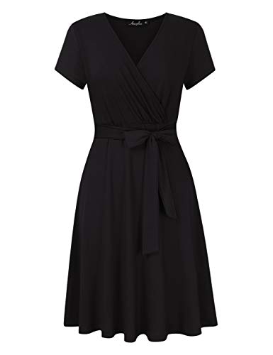 AMZ PLUS Womens V-Neck 3/4 Sleeve A Line Midi Faux Wrap Plus Size Cocktail Party Swing Dress (3X-Large, Short Sleeve -Black)