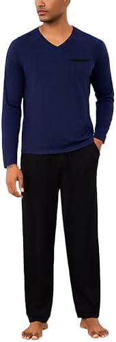 Bresdk Schlafanzug Herren Lang Baumwolle Pyjama Winter Set S-3XL | V-Ausschnitt Langarm Hausanzug,Zweiteiliger Schlafanzüge, Bequem Lange Pyjamahose mit Taschen,Weiche Nachtwäsche