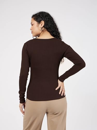 Image of SASSAFRAS Women's Slim Fit Full Sleeves Rib Square Neck Ribbed Basics - Casual Ribbed T-Shirt Tops