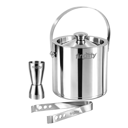 Image of finality Premium Stainless Steel Ice Bucket with Tongs and Jigger - 1 Litre Double Walled Insulated Ice Box for Bar, Home & Parties (Silver Mirror IB + Tong + Jigger)