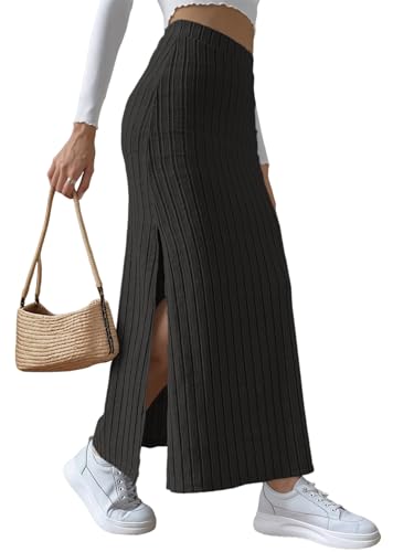 Image of Knit Maxi Skirt for Women - Ribbed High Waisted Pencil Skirt with Split Bodycon Long Straight Skirts Casual Office, Black, M