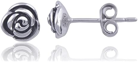 SilverCloseOut Rhodium Plated 925 Sterling Silver Small Rose Flower Stud Earrings Floral Rose Stud Earrings Women's Rose Studs Earrings Push Backings