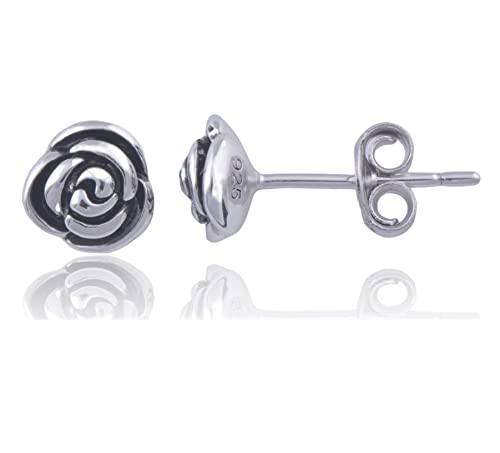 Silvercloseout Rhodium Plated 925 Sterling Silver Small Rose Flower Stud Earrings Floral Rose Stud Earrings Women's Rose Studs Earrings Push Backings #TOP3