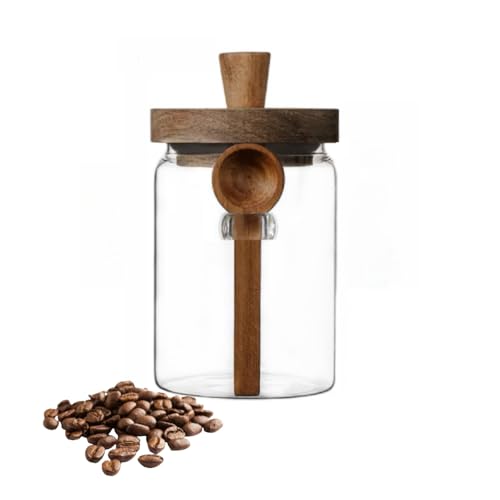 ANSQU Tarro de vidrio con tapa de madera y cuchara, recipientes de almacenamiento de alimentos de 27 onzas, tarro de café, recipiente de vidrio para almacenamiento de alimentos (paquete de 1)