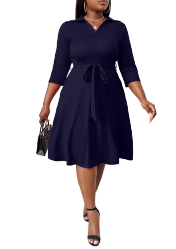 Image of FANDEE Plus Size Midi Dress for Women - Printing Summer Dresses for Wedding Guest Cocktail Party 3 /4 Sleeve V Neck(L-5XL)
