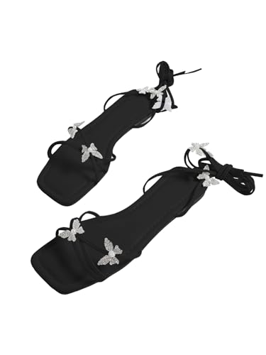 Image of GORGLITTER Women's Sparkly Butterfly Lace Up Flat Sandals Criss Cross Strappy Tie Up Slide Sandals Black 7.5