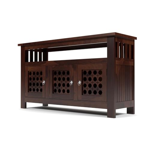 Image of Solid Sheesham Wood Wooden Sideboard Storage Cabinet & Chest of Drawer : Ideal for Living Room and Bedroom with 3-Shelf Storage (Hurtado, Walnut Finish)