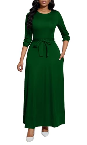Image of BubFee Long Dress for Women Casual Long Sleeve Dresses Maxi Dress Empire Waist Loose with Belt