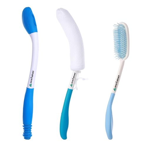 Toilet Aids Set for Wiping - Long Handle Butt Wiper, Anti-Slip Curved Handle Bath Body Brush and Curve Hair Brush for People Overweight, Elderly and Disabled People(3PCS Personal Hygiene Kit)