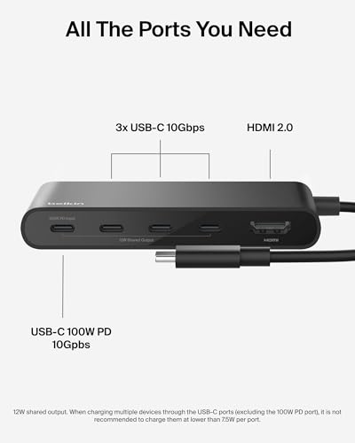 Image of Belkin USB Hub for Laptop 5-in-1, USB C Hub - Multi USB Port Adapter with 4K HDMI @ 60Hz, 100W USB-C PD, 10Gbps High Speed Data Transfer | Type C Hub Docking Station for MacBook, iPad Pro, Chromebook
