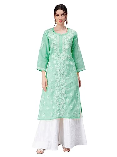 Image of Seva Chikan Hand Embroidered Lucknowi Chikankari Appricot Cotton Kurta Kurti for Women SCL4321
