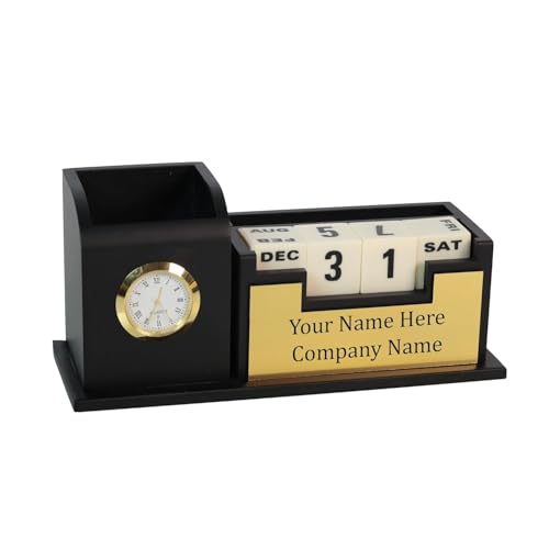Image of EpicLane Wooden Pen Holder with Clock, Infinity Calendar, Visiting Card Holder & Mobile Stand | Desk Organizer (Infinity - Black)
