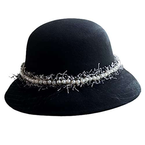 Chapeau de pêcheur noir coupe-vent élégant à perles pour l'hiver