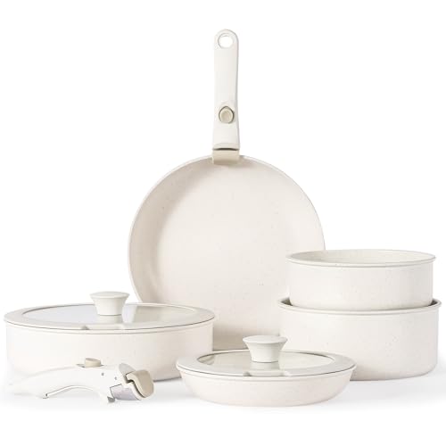 Florosa Set Pentole Ceramica Antiaderente 9 Pezzi, Manico Rimovibile, Induzione, Bianco