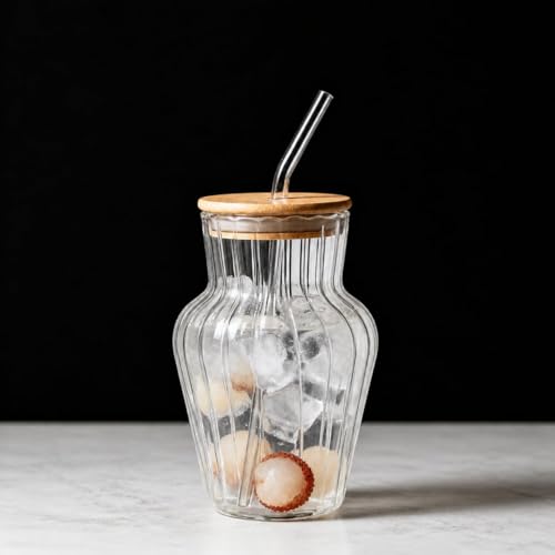 Image of COOLBIT 450ml Premium Clear Glass Tumbler with Bamboo Lid & Glass Straw, Reusable Juice Cup for Water, Smoothies, Iced Coffee - Durable & Eco-Friendly Design