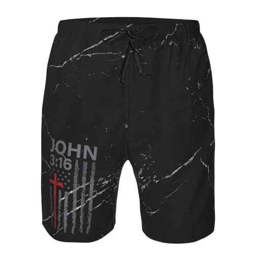 John 3:16, Faith, cross, American Flag, Patriotic Mens Swim Trunks Board Shorts Quick Dry Beach Shorts with Pockets2