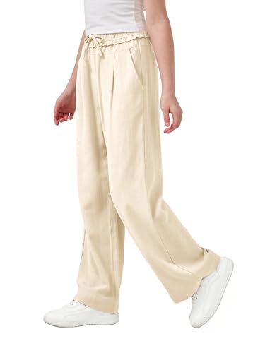 Image of Rolanko Girls Wide Leg Linen Pants Breathable Flowy Palazzo Trousers for School Beach Daily Wear 9-15 Years