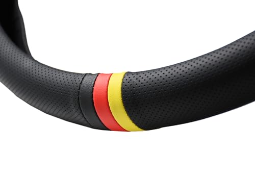 Quick Install Sporty Perforated Nappa Leather Steering Wheel Cover with German Stripes for Porsche Mercedes Audi BMW VW Deutsch-Ness 14.5 to 15 inches SW by PartsTo - Used condition - Image 4