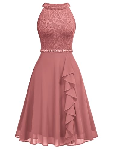 Image of Miusol Women's Halter Neck Lace Ruffle Vintage Cocktail Party A-Line Bridesmaid Dress
