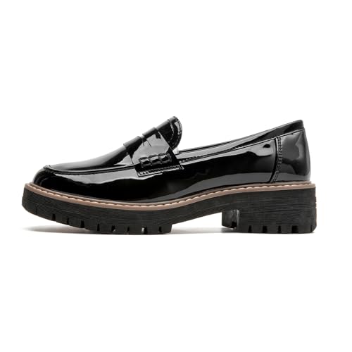 Image of Womens Loafers Comfortable Platform Penny Loafer Chunky Heel Business Casual Dress Shoes Fashion Patent Leather Women's Loafers & Slip-ons