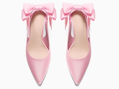 Image of Coutgo Womens Slingback High Heels with Bow Closed Pointed Toe Wedding Bride Dress Shoes Satin Pumps