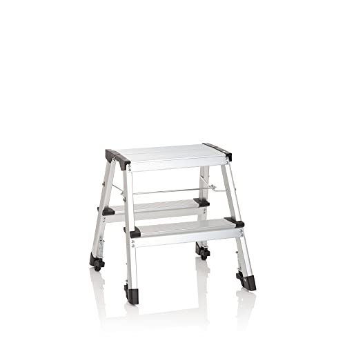 hjh OFFICE Solid VI 830024 Escabeau Pliable en Aluminium avec 2 marches Accessible des Deux côtés Charge maximale 150 kg Argenté