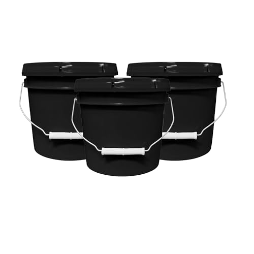 Image of MKS Plastics 1-Gallon Bucket with Airtight Lid - Made in USA, Food Grade BPA Free Plastic, Heavy Duty Multi-Use, Metal Handle with Grip, Stackable Storage - Black, 3 Pack