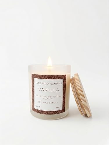 Image of SERENOVA Candles Soy Wax Scented Candle | Burn-time 40 Hours and Upto 60 Hours | 350gm | Handpoured and Handmade | Organic Soy Wax Candle | Aromatherapy Candle (Vanilla)