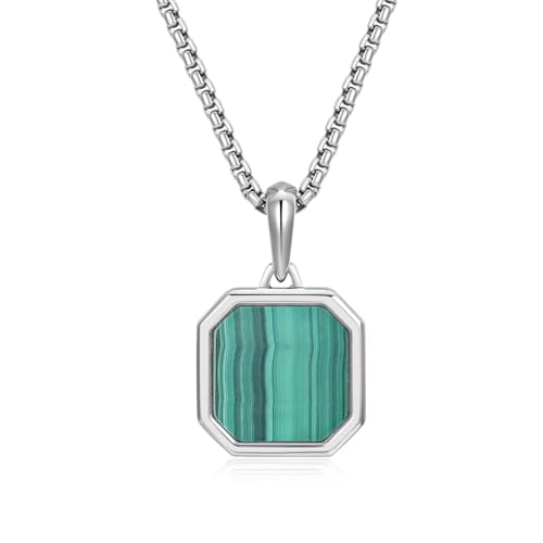 SAMYA Malachite Necklace for Men Natural Malachite Stone, Silver Chain for Men With Pendant, Stainless Steel Silver Pendant Necklace for Men, Solid 3mm Box Chain 24" Length