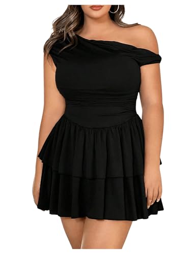 MakeMeChic Women's Plus Size Fall Dress Asymmetrical Neck Mini Dress Ruffle Tiered Cocktail Dresses