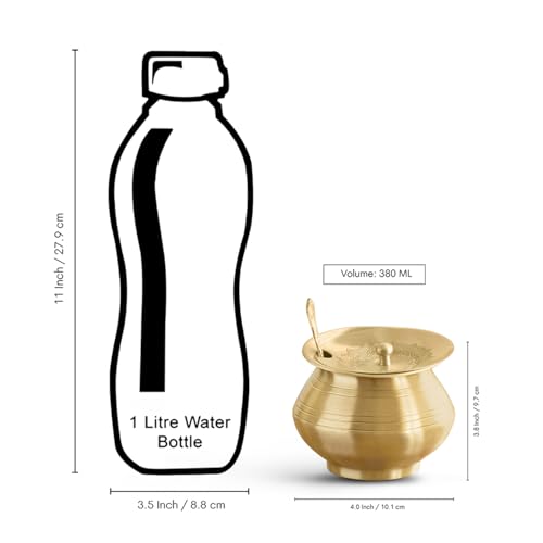 Image of ExclusiveLane 'Gleeming Ghee' Brass Ghee Pot With Spoon (100% Pure Brass, Hand-Etched, 380 ml) | Ghee Storage Jars for Kitchen Gheee Pot with Lid Gheee Dabba Dani