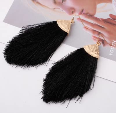 Seakuur Bohemian Silky Thread Fan Fringe Tassel Statement Earrings Lightweight Strand Feather Shape Dangles Earring Necklace Set For Women Girls (Black) #TOP5