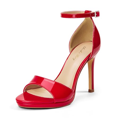 Elisabet Tang Women's Platform Heeled Sandals 4 Inch Stilettos Round Open Toe Strappy Sexy High Heels Ankle Strap Buckle Heels for Party Wedding Dressy Shoes Red Patent 8