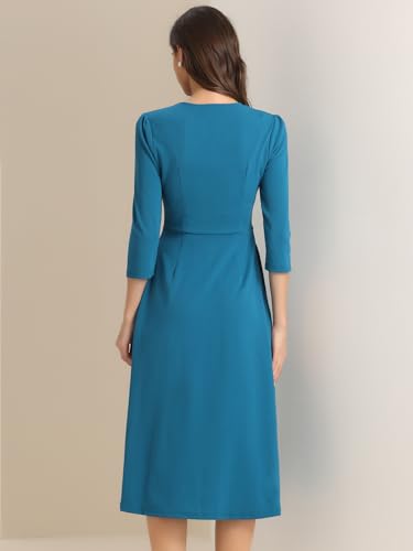 Image of Allegra K Womens 3 /4 Sleeve A-Line Business Work Formal Midi Dress | Elegant Dresses with Pockets, V Neck, Cockatail Party Church Funeral Outfits, Spring Fall Winter