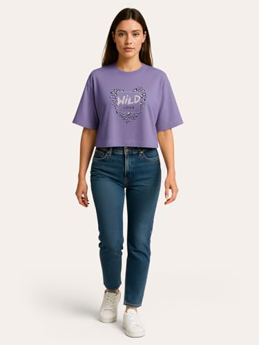 Image of HELLCAT Beige Printed Loose Fit Crew-Neck Crop T-Shirt for Women
