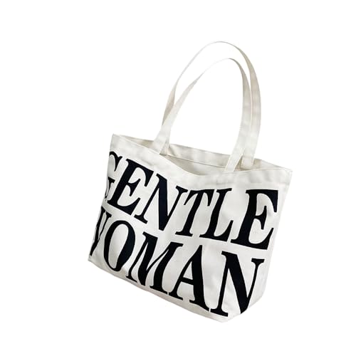 Bolsa feminina de lona bolsa de ombro portátil com compartimento com zíper para viagem no escritório, Branco, Large